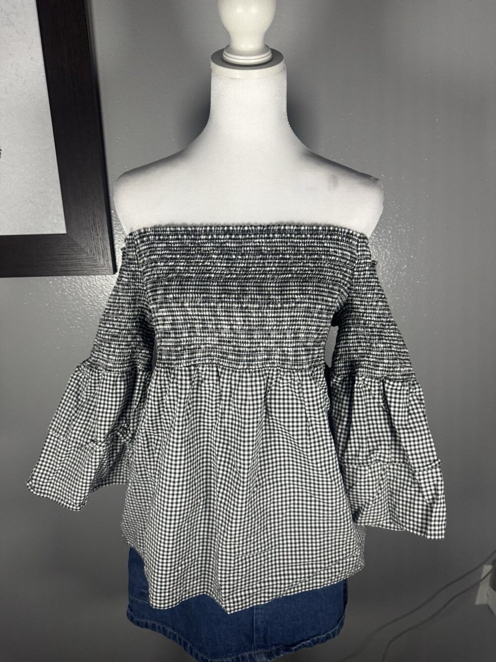 Bar III Off The Shoulder Black & White Gingham Bell Sleeves Blouse Womens Size M